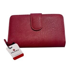 Mundi Red Leather Tri‎ Fold Wallet Clutch Organizer Snap Closure